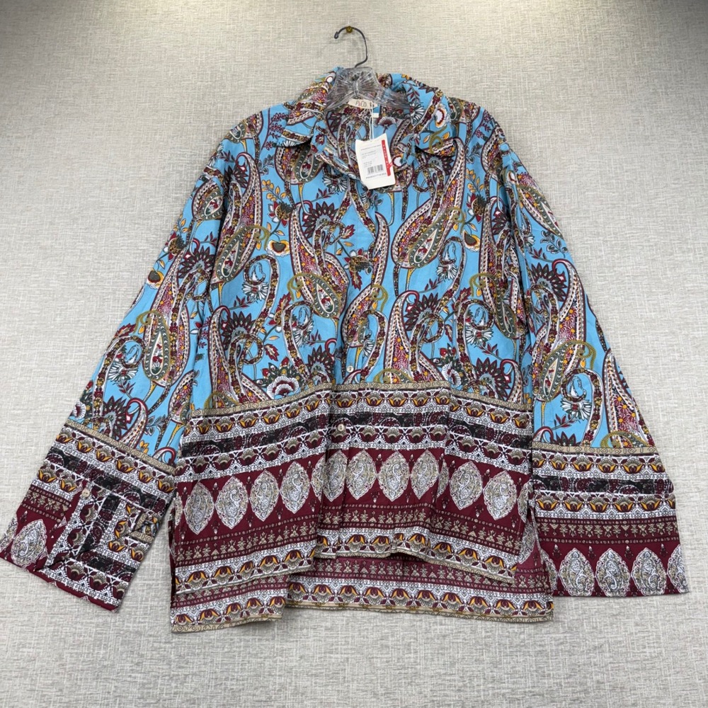 P&Co Womens Blue Paisley Floral Long Sleeve Button Down Shirt Size L NWT